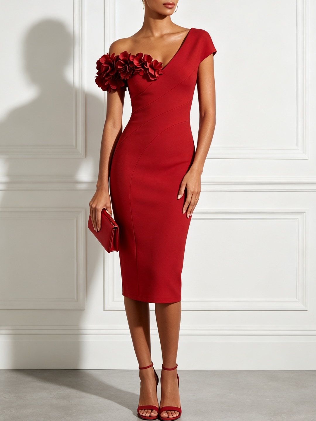 Red Asymmetrical Sleeveless Sheath Midi Dress with 3D Floral Applique