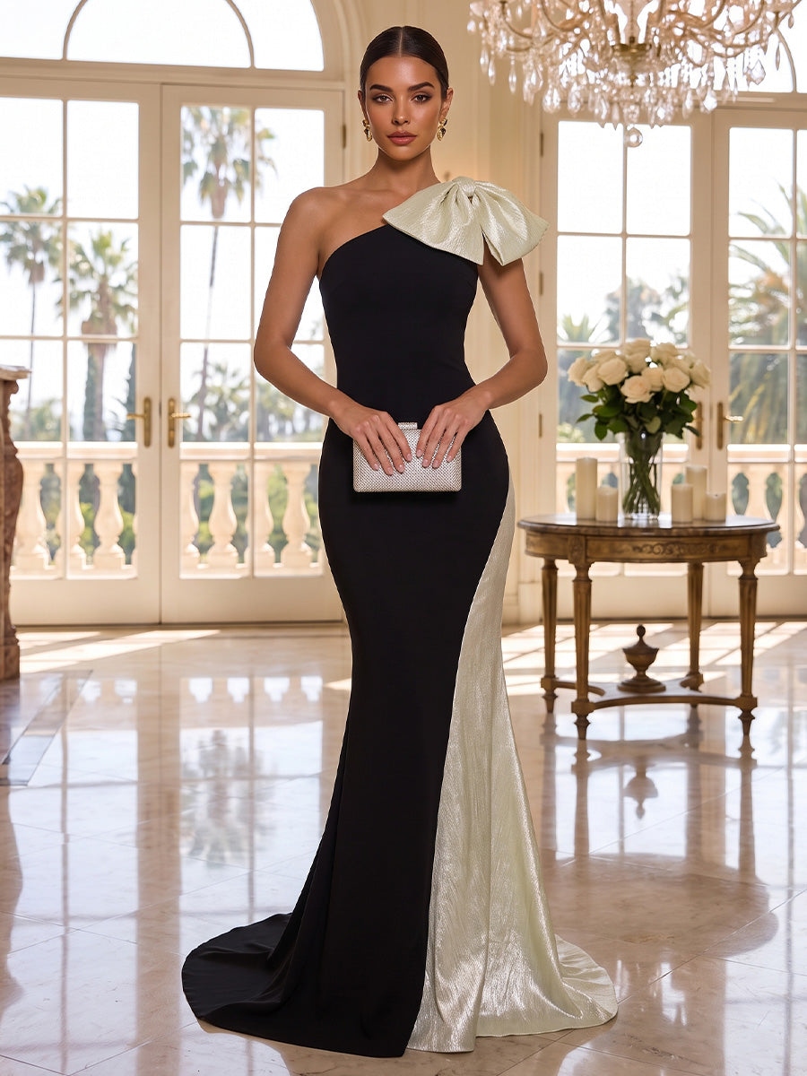 One-Shoulder Black Maxi Dress with Champagne Bowknot