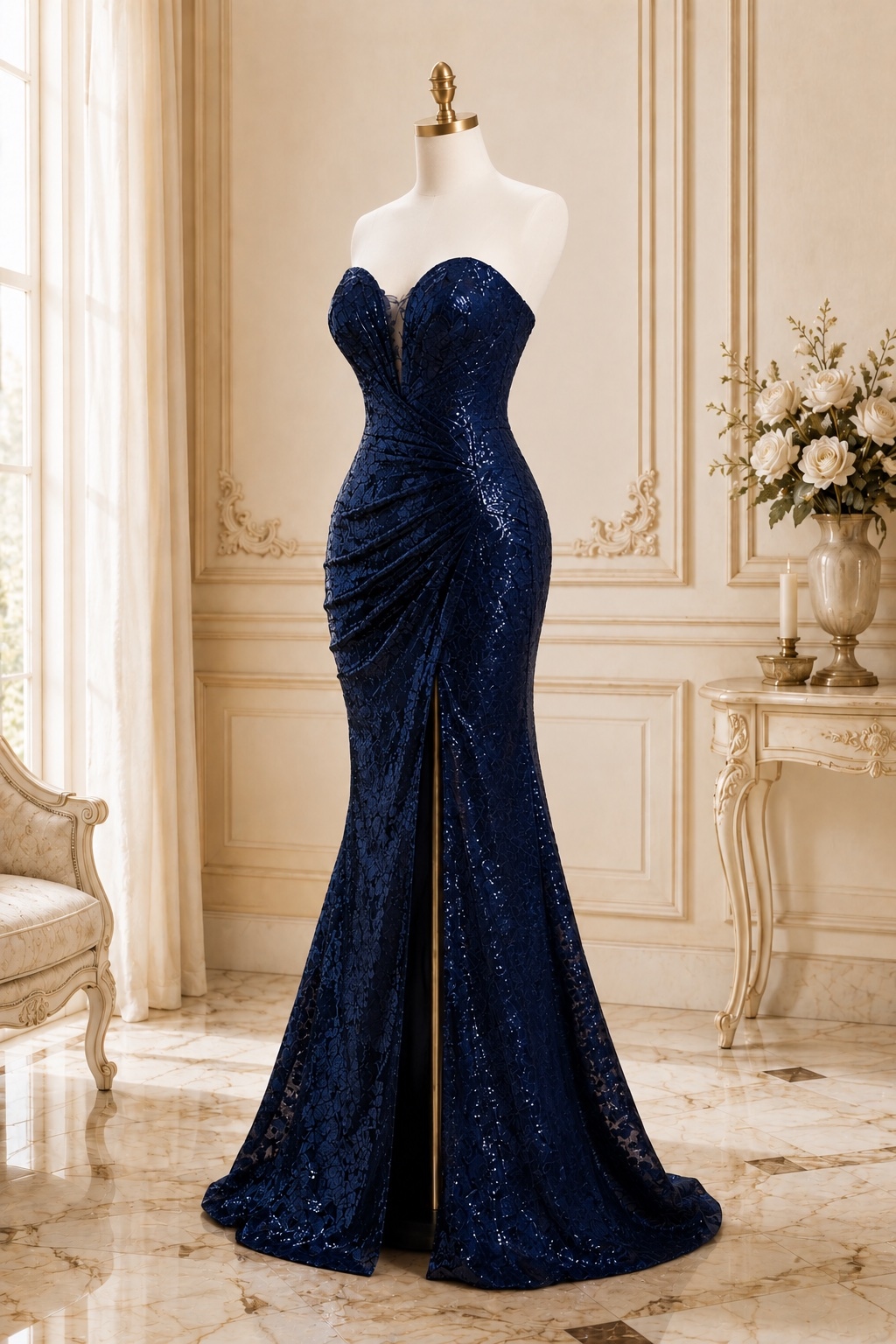 Navy Blue Sequin Lace Mermaid Evening Dress With High Slit