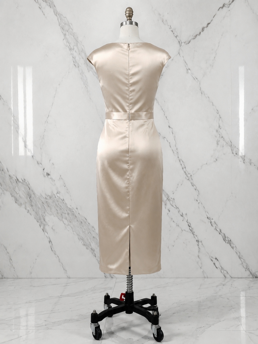 Champagne 3D Floral Ruched Satin Boat Neck Sleeveless Sheath Midi Dress