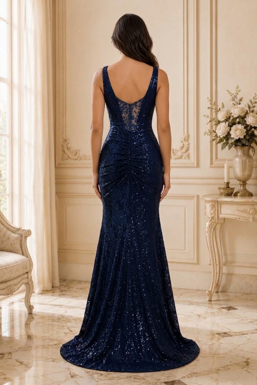Navy Blue Sequin Lace Mermaid Evening Dress With High Slit