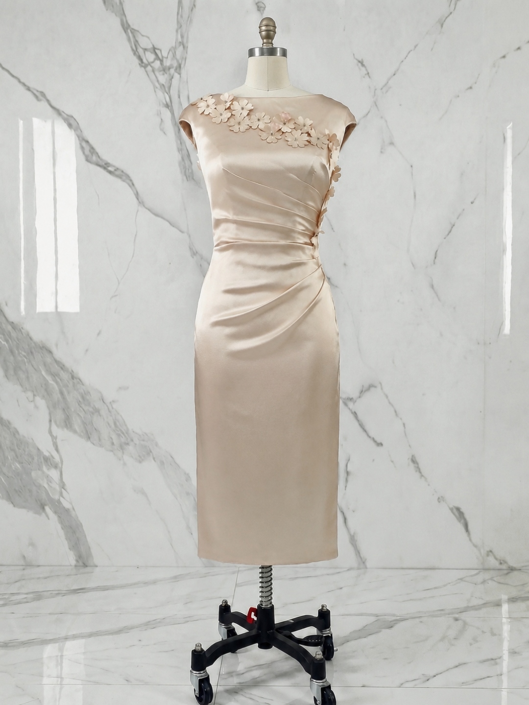 Champagne 3D Floral Ruched Satin Boat Neck Sleeveless Sheath Midi Dress