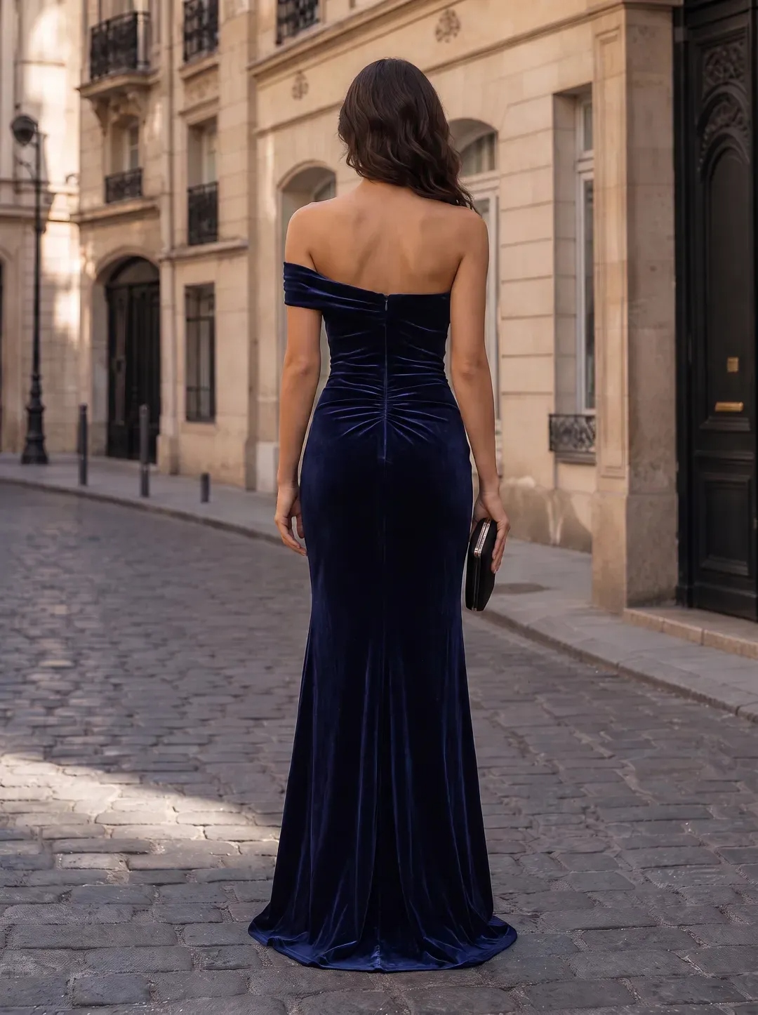 Navy Blue One Shoulder Ruched Velvet Mermaid Evening Dress