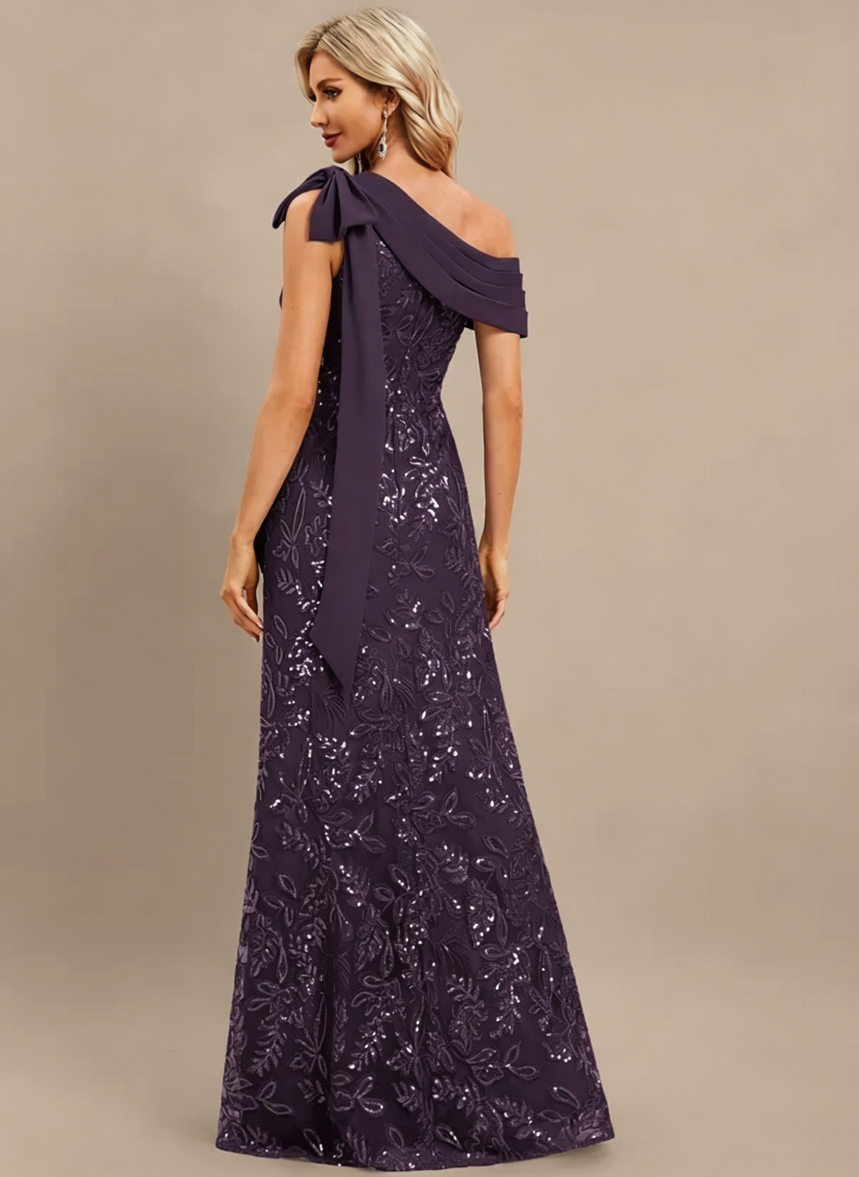 Plum Sheath/Column One Shoulder Pleated Lace Dress