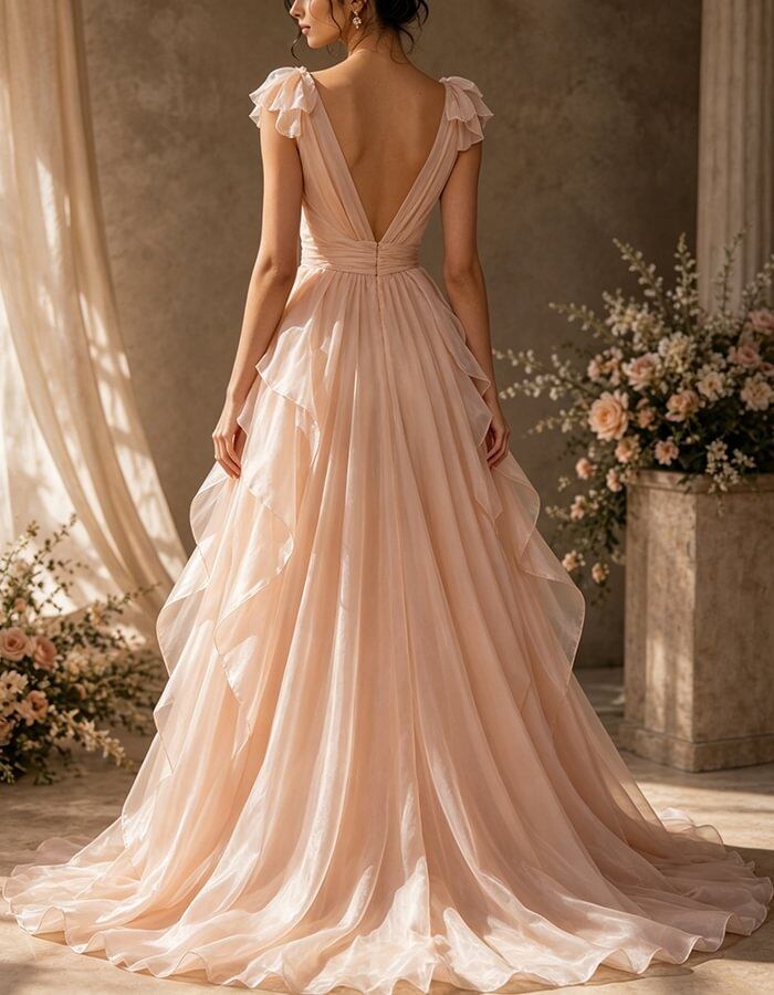 Light Pink Layered Ruffle Organza Bow Surplice Twist Waist Maxi Dress