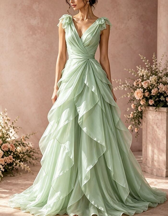 Light Pink Layered Ruffle Organza Bow Surplice Twist Waist Maxi Dress