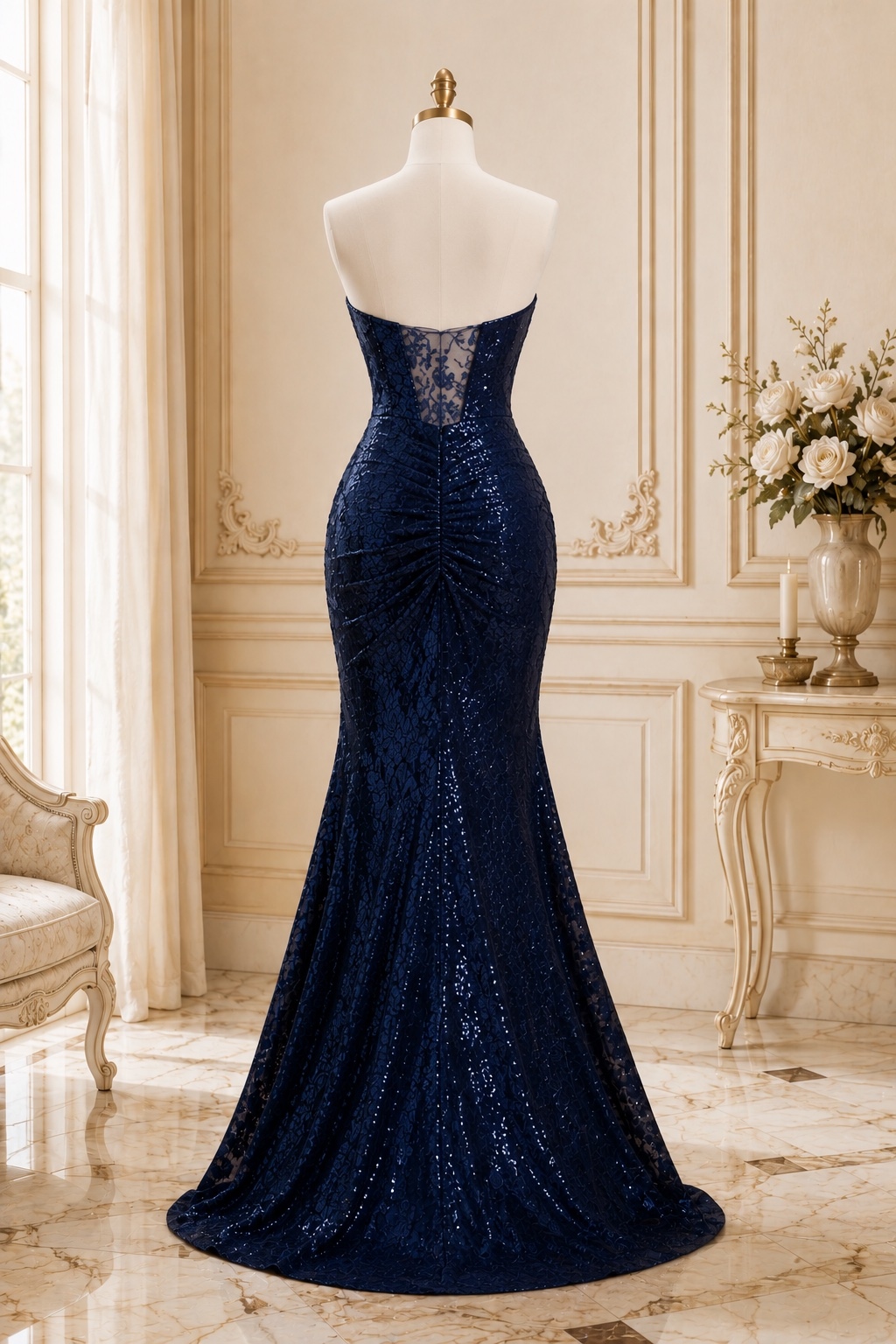 Navy Blue Sequin Lace Mermaid Evening Dress With High Slit