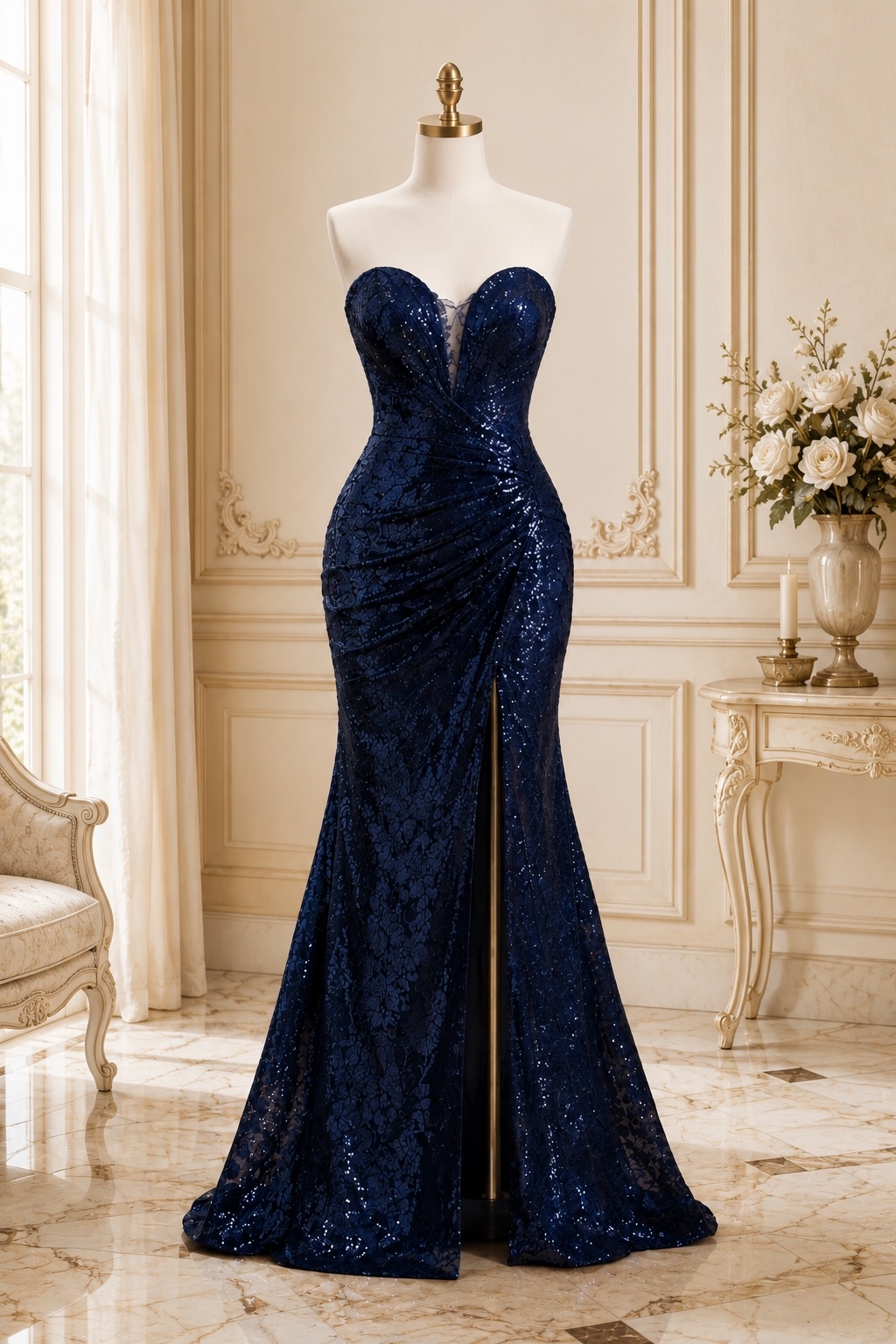 Navy Blue Sequin Lace Mermaid Evening Dress With High Slit