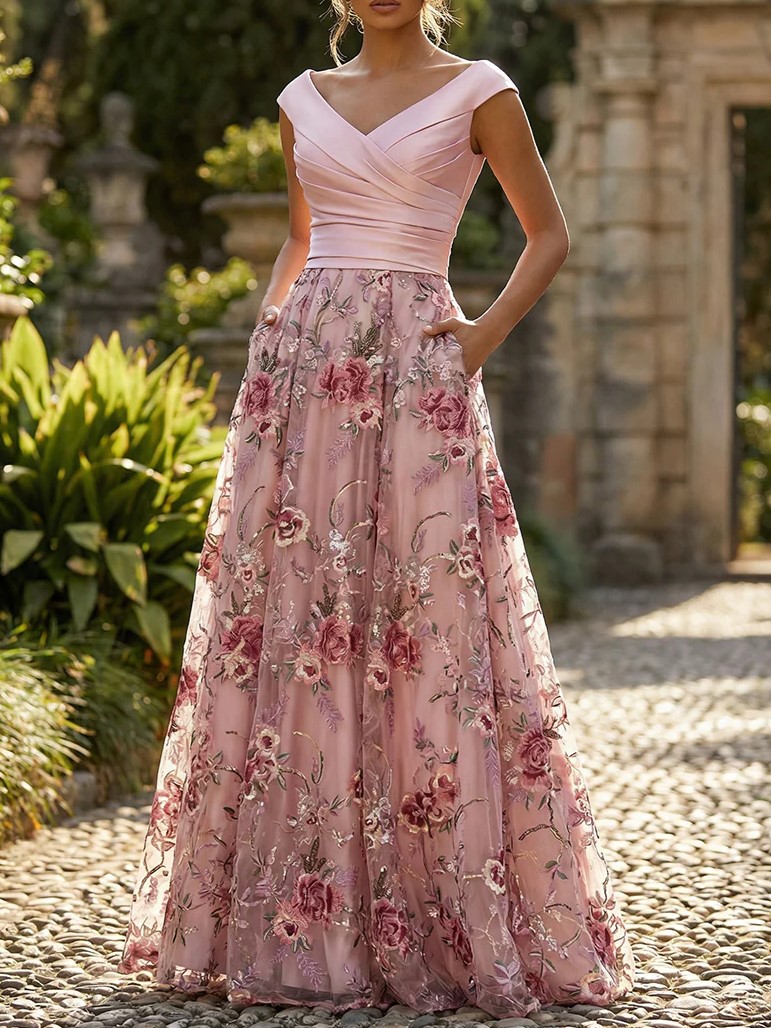 A-Line Floral with Ruched Satin Bodice Maxi Dress