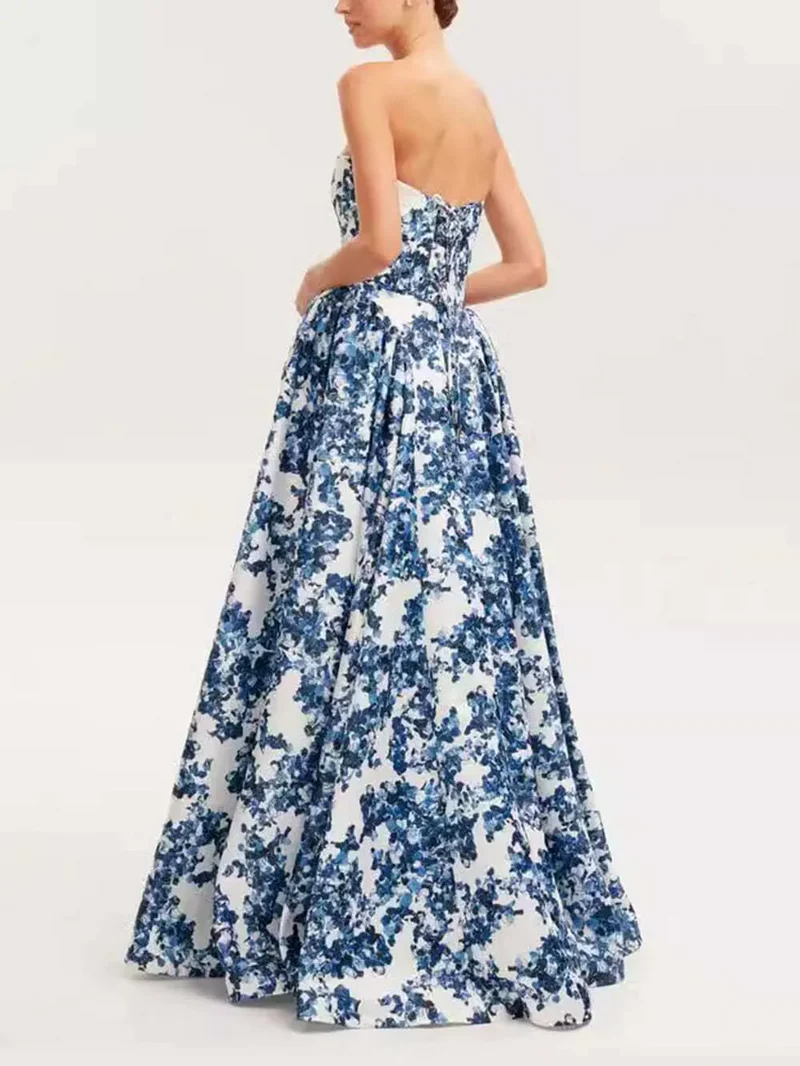 Formal Blue Floral Strapless Gown for Galas & Weddings