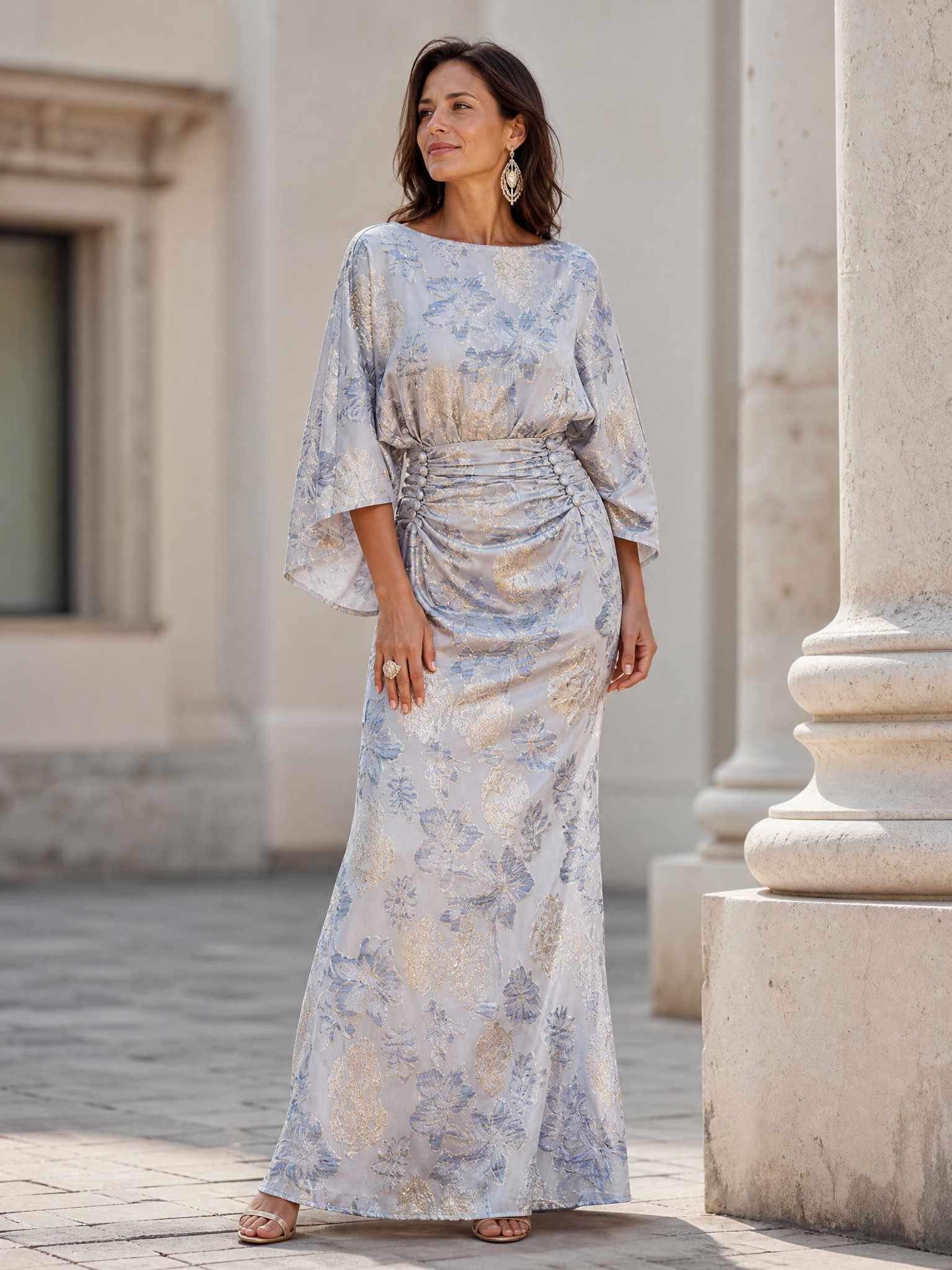 Silver Floral Print Boat Neck Cape Sleeve Ruched Maxi Dress