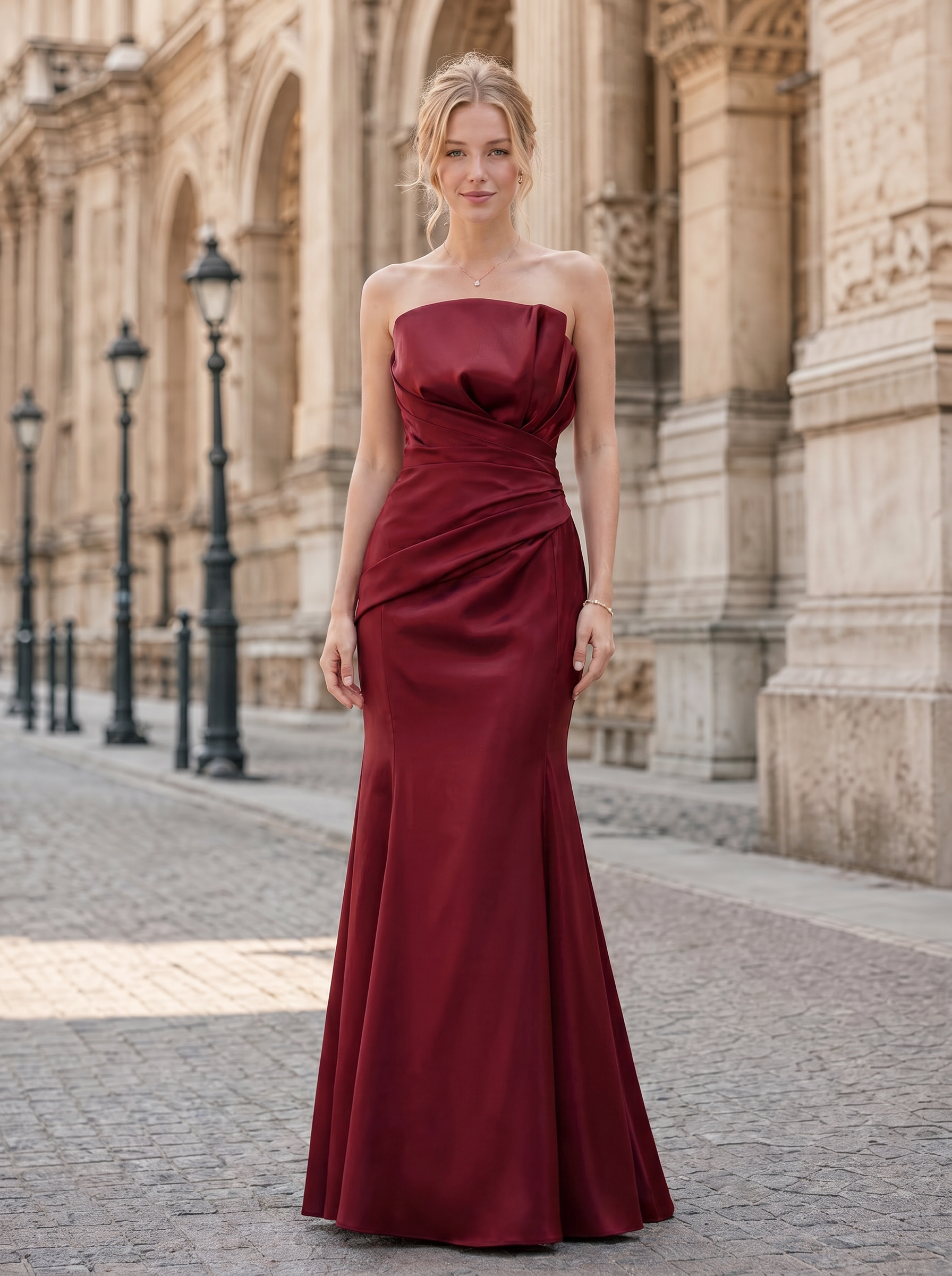 Burgundy Strapless Fold Ruched Mermaid Maxi Dress