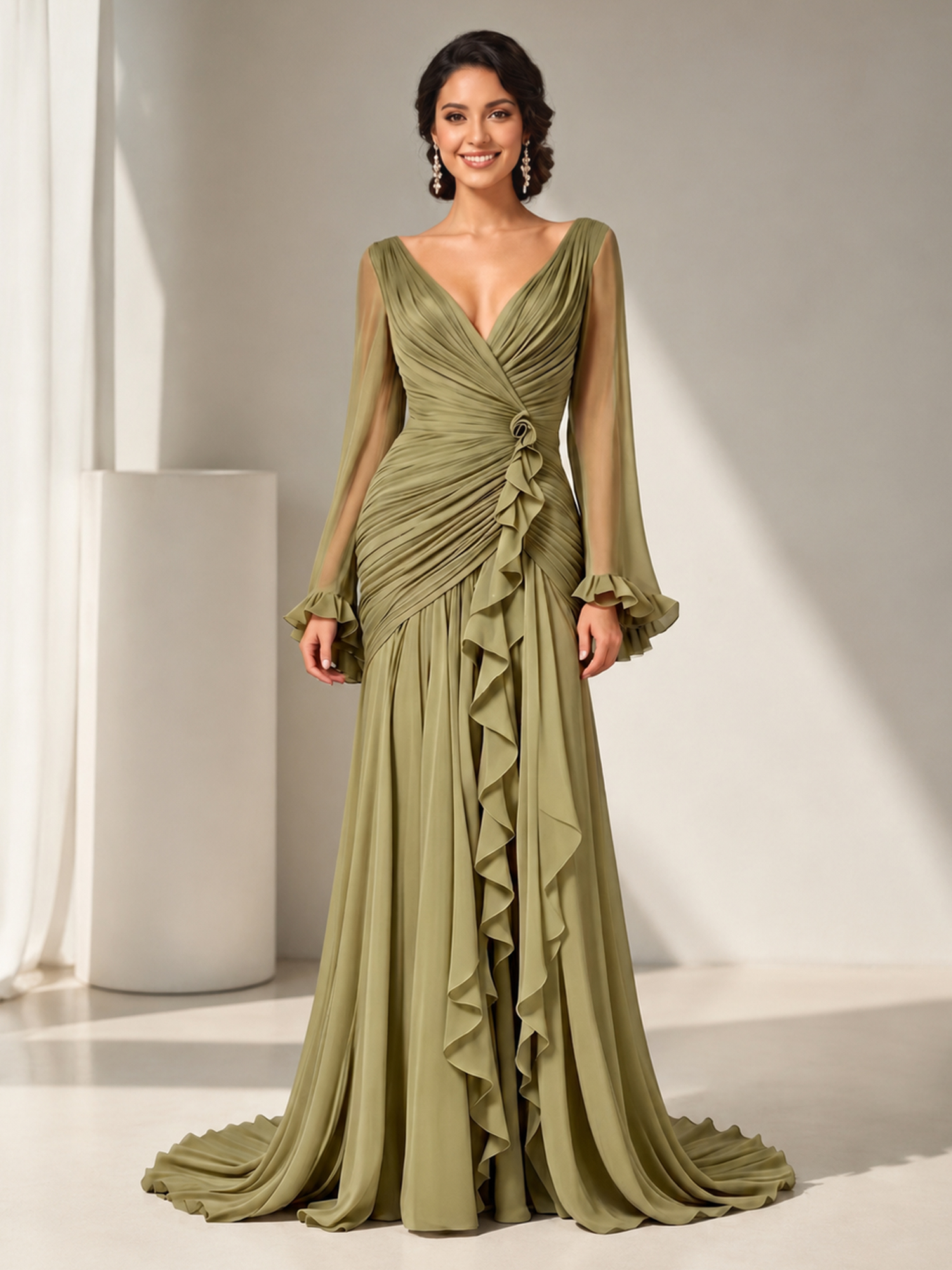 Sophisticated Ruched Chiffon V-Neck Gown with Cascading Ruffles