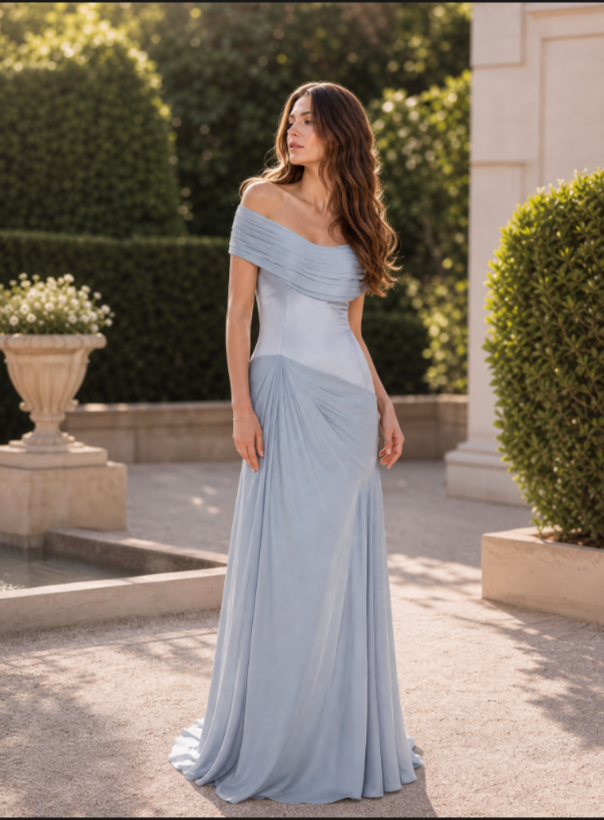 Dusty Blue Off-the-Shoulder Satin & Chiffon Maxi Formal Evening Dress