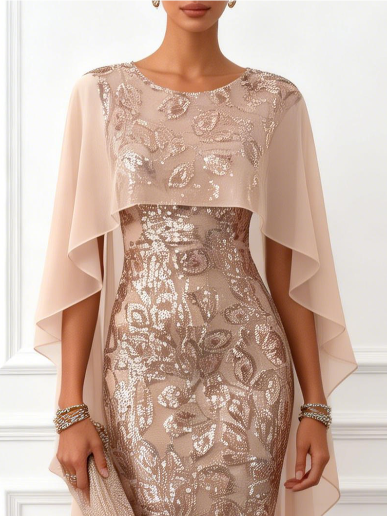 Champagne Glitter Sequin Crew Neck Cap Sleeve Sheath Maxi Dress