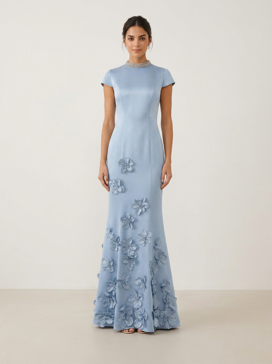 Dusty Blue Beaded Mock Neck Floral Appliqué Mermaid Maxi Dress