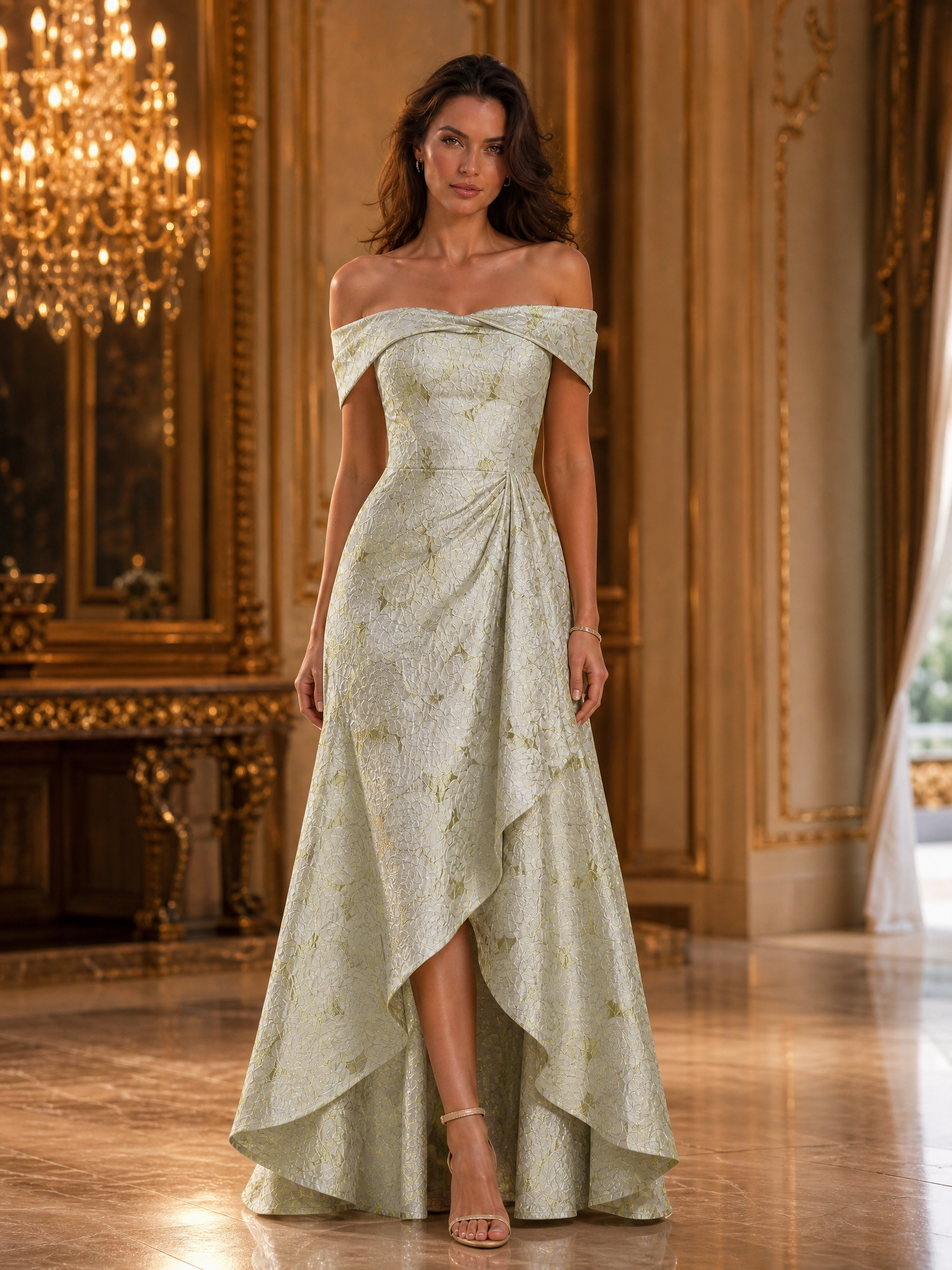 Sage Green Off-the-Shoulder Jacquard High-Low Mermaid Gown
