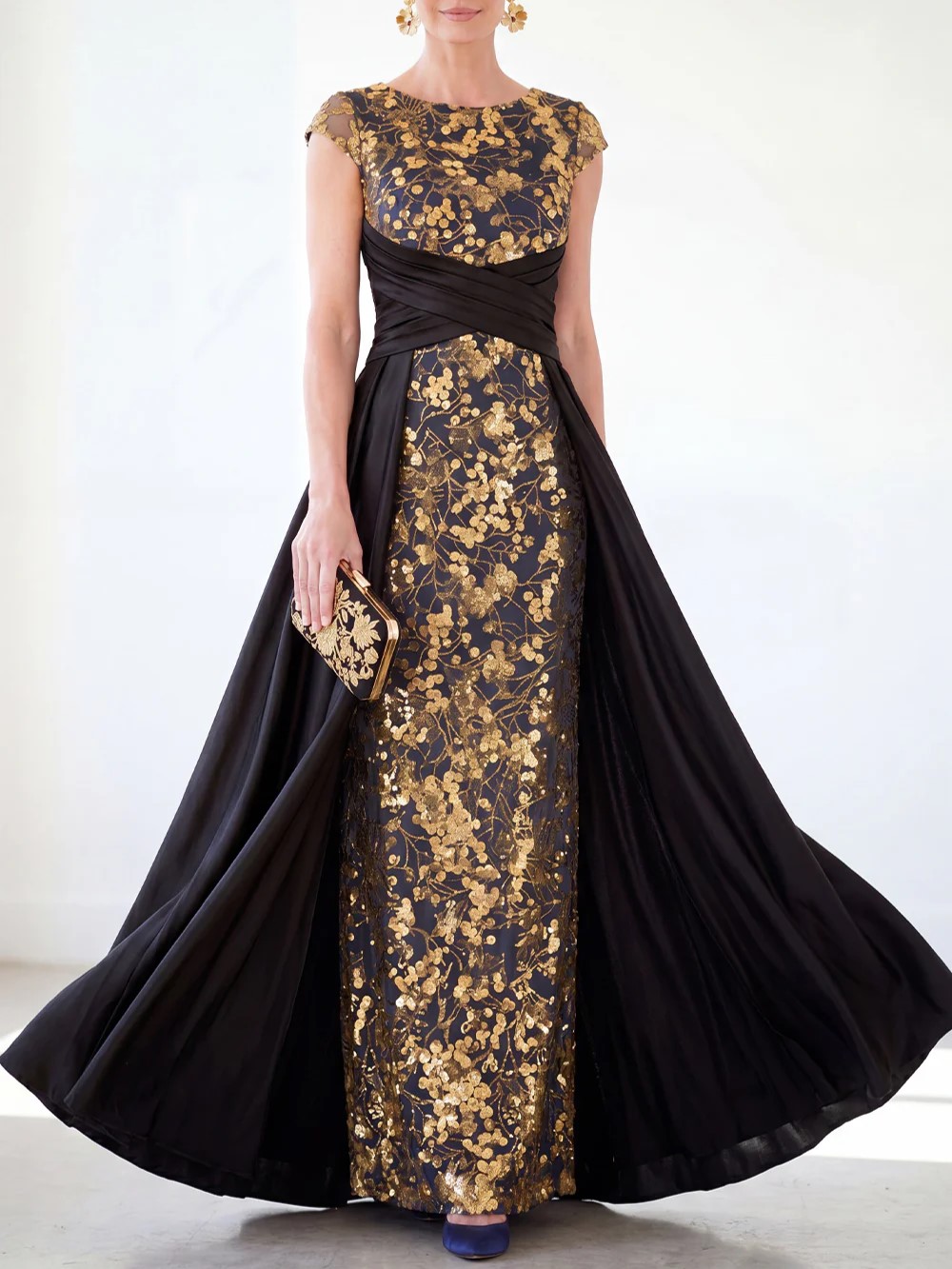 Sparkly Floral Dark Green Ruched Beaded Sheath Maxi Dress