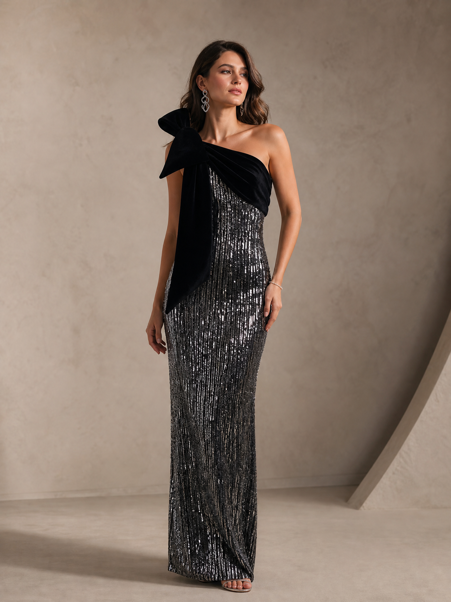 Black Silver Vertical Sequin One-Shoulder Mermaid Gown with Velvet Bow