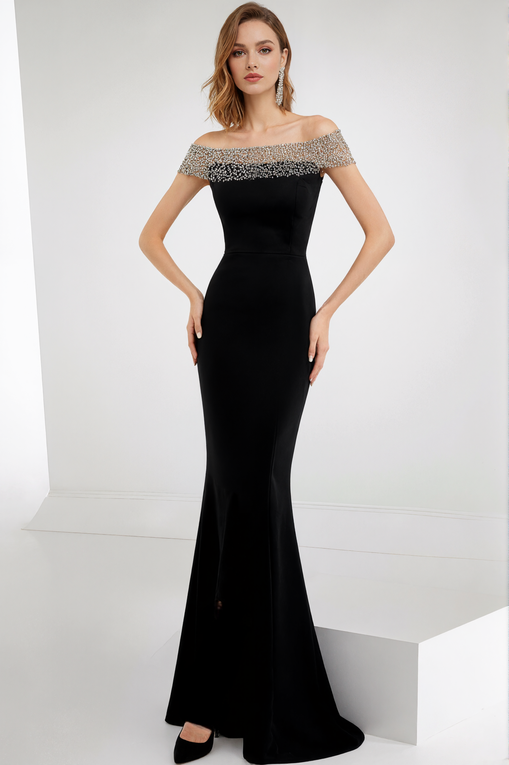 Formal Evening Dress Black Off-The-Shoulder Fitted Mermaid Maxi Gown