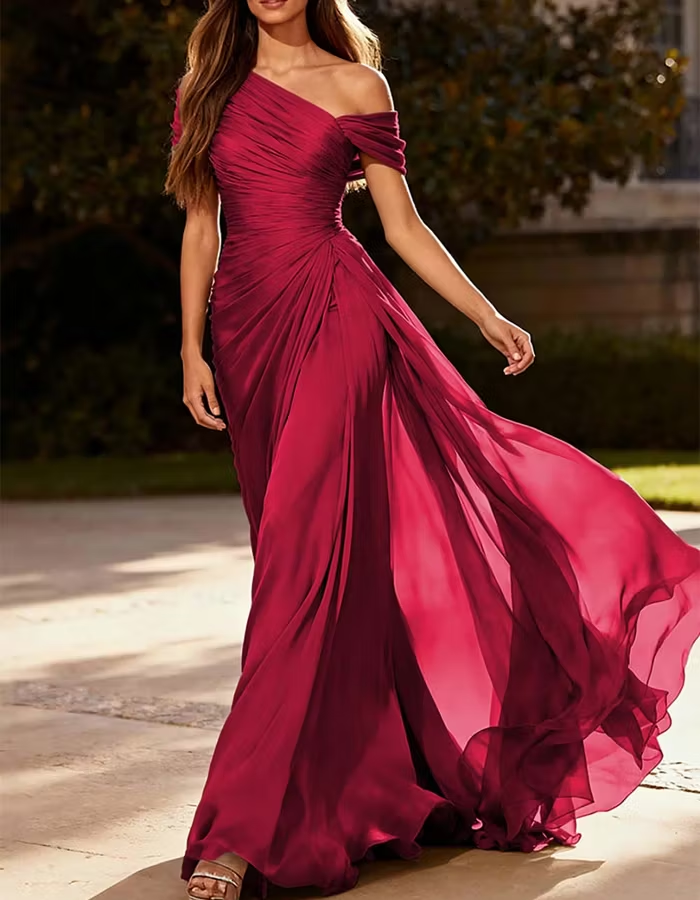 One-Shoulder Pleated Chiffon Maxi Dress