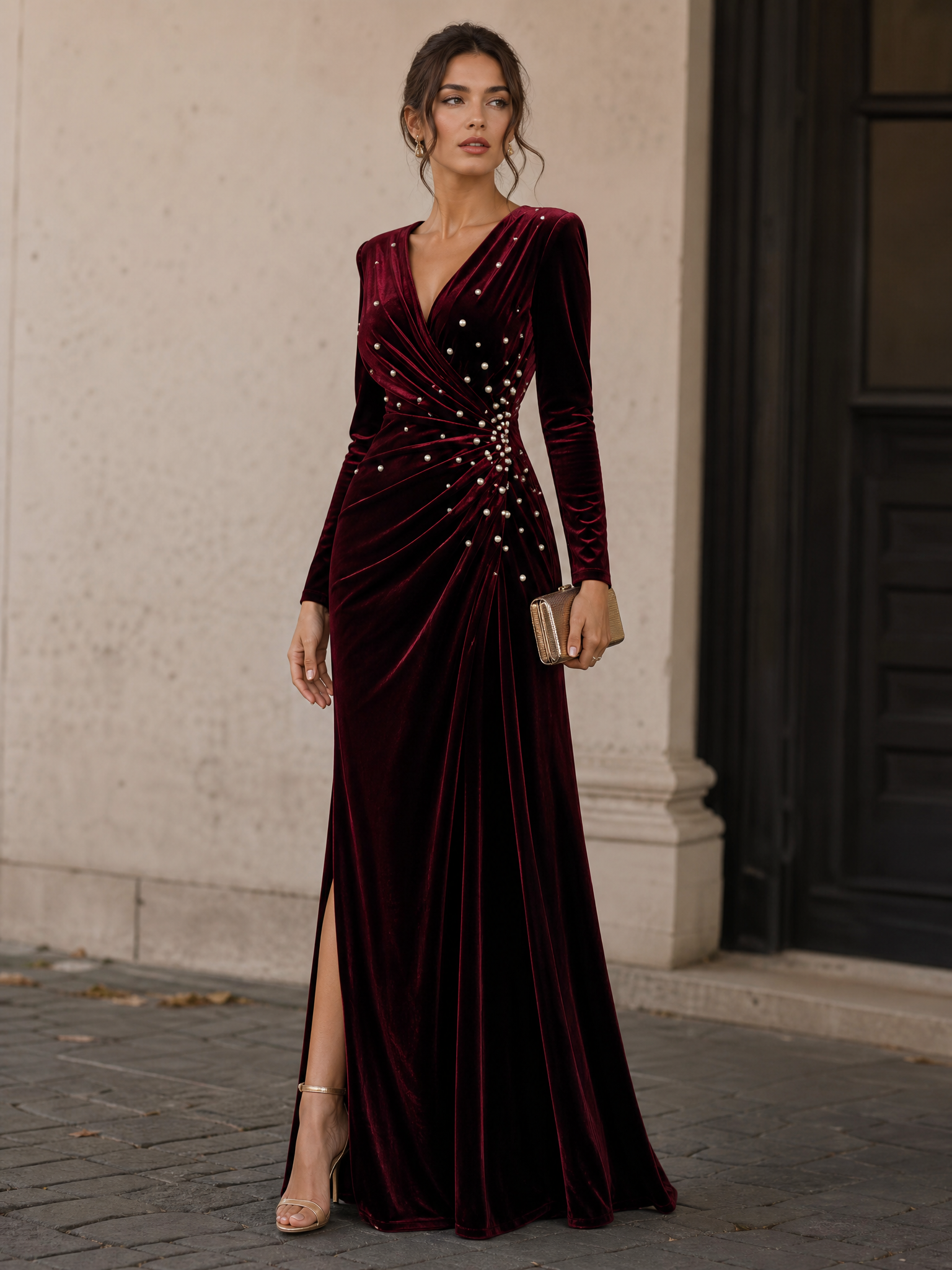 Burgundy Wrap V-Neck Pearl-Embellished Velvet Evening Dress