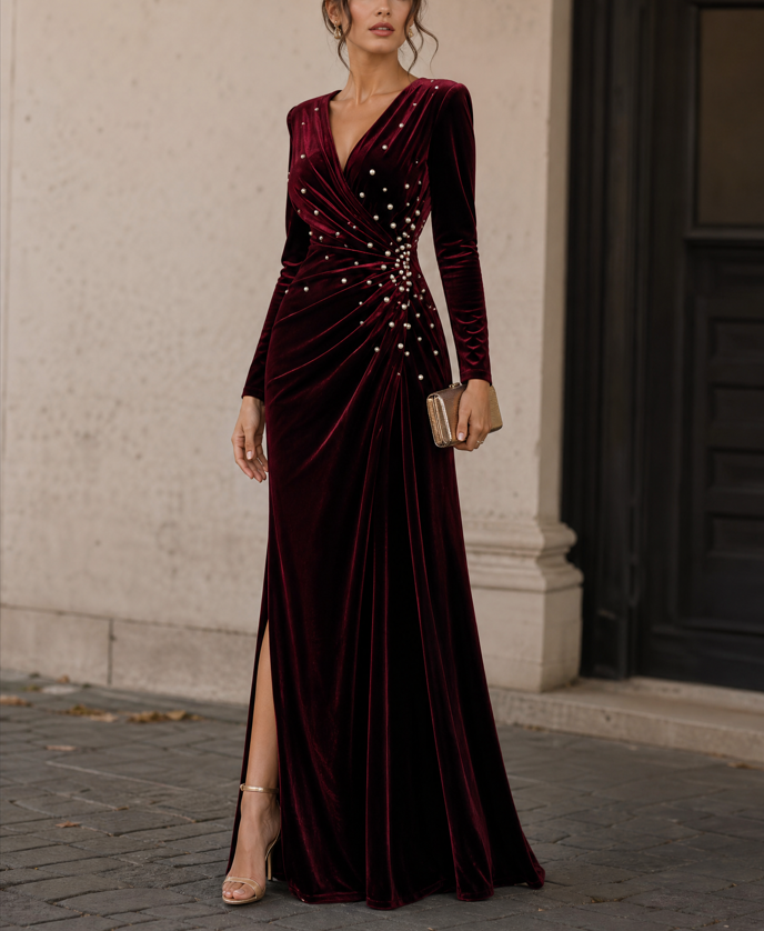 Burgundy Wrap V-Neck Pearl-Embellished Velvet Evening Dress