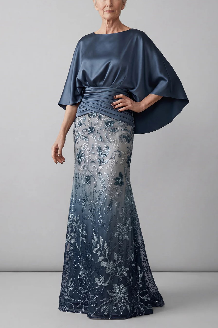 Navy Blue Cape Bateau Neck Sequin Floral Mermaid Dress