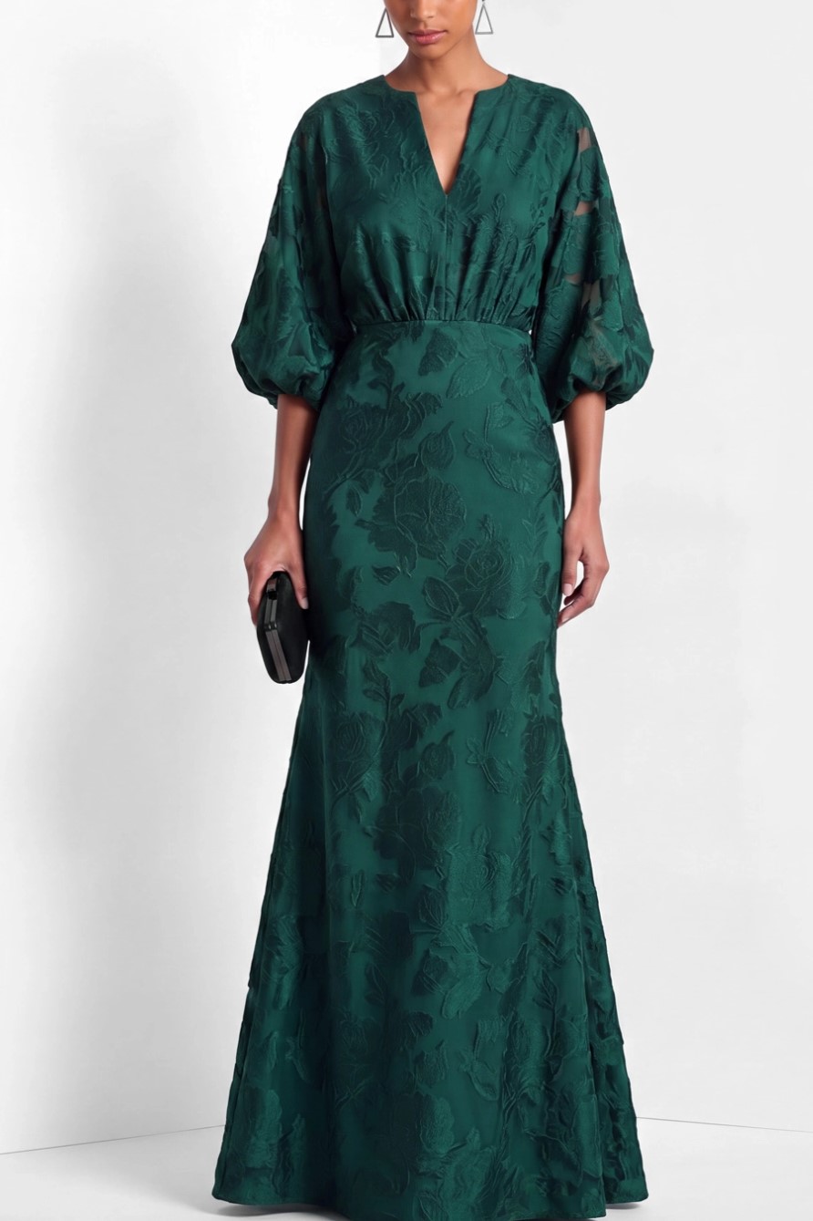 V Neck Balloon Sleeve Floral Jacquard Mermaid Gown