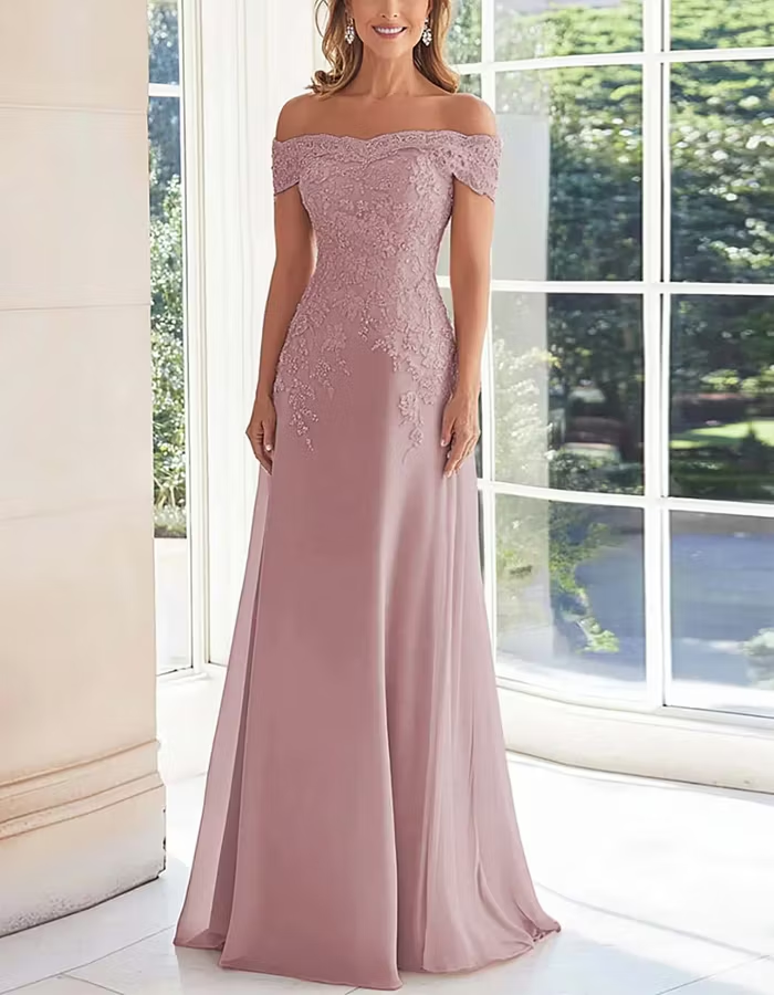 Solid Color Off Shoulder Lace Embroidered Full Maxi Dress