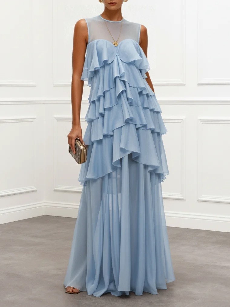 Light Blue Ruffled Chiffon Crew Neck Sleeveless A-Line Maxi Dress