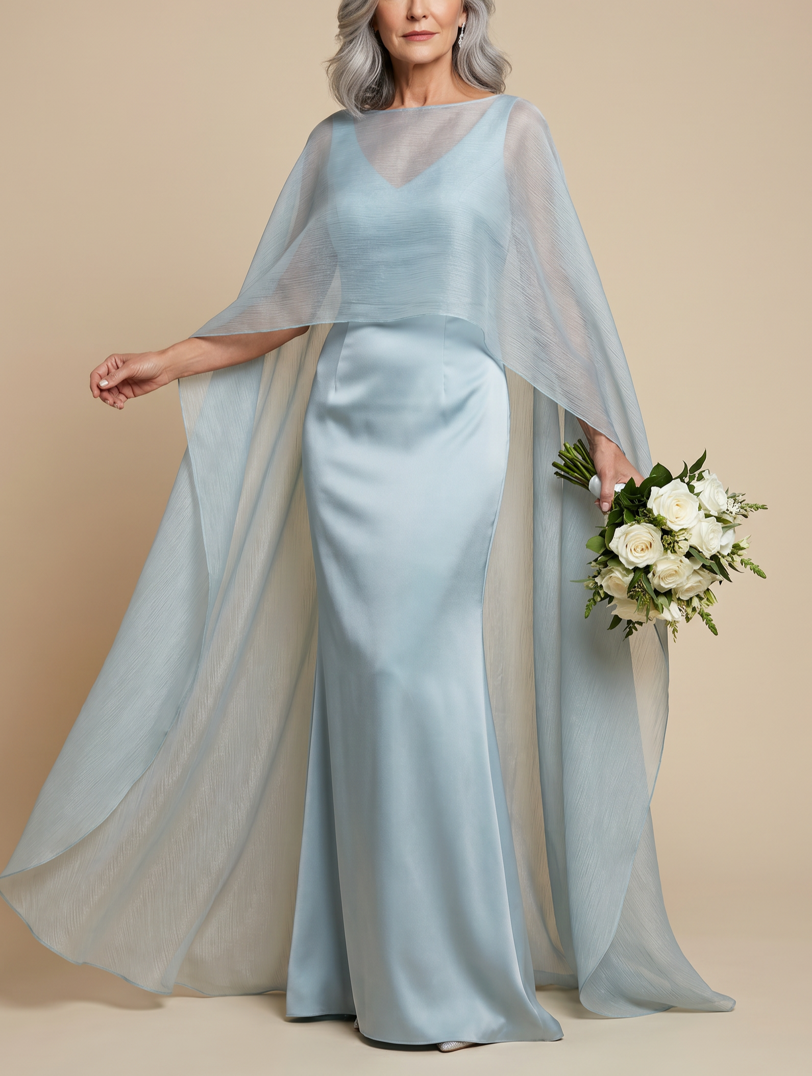 Dusty Blue Satin Mermaid Gown with Sheer Chiffon Cape Overlay