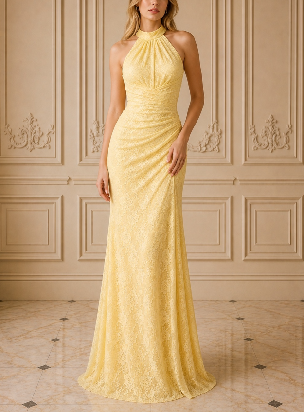 Yellow Lace Halter Mermaid Evening Dress With High Slit
