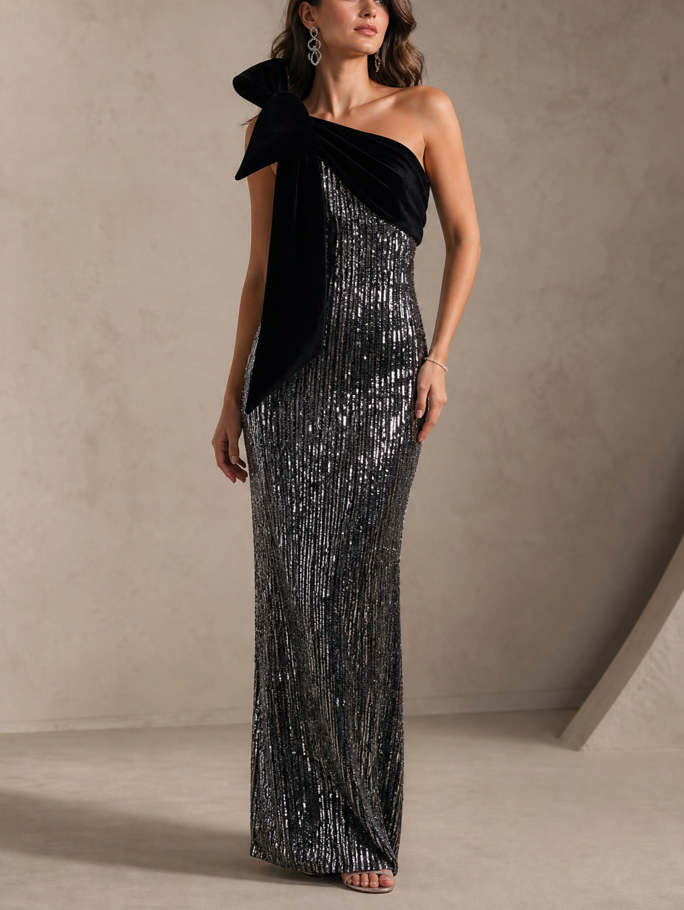 Black Silver Vertical Sequin One-Shoulder Mermaid Gown with Velvet Bow