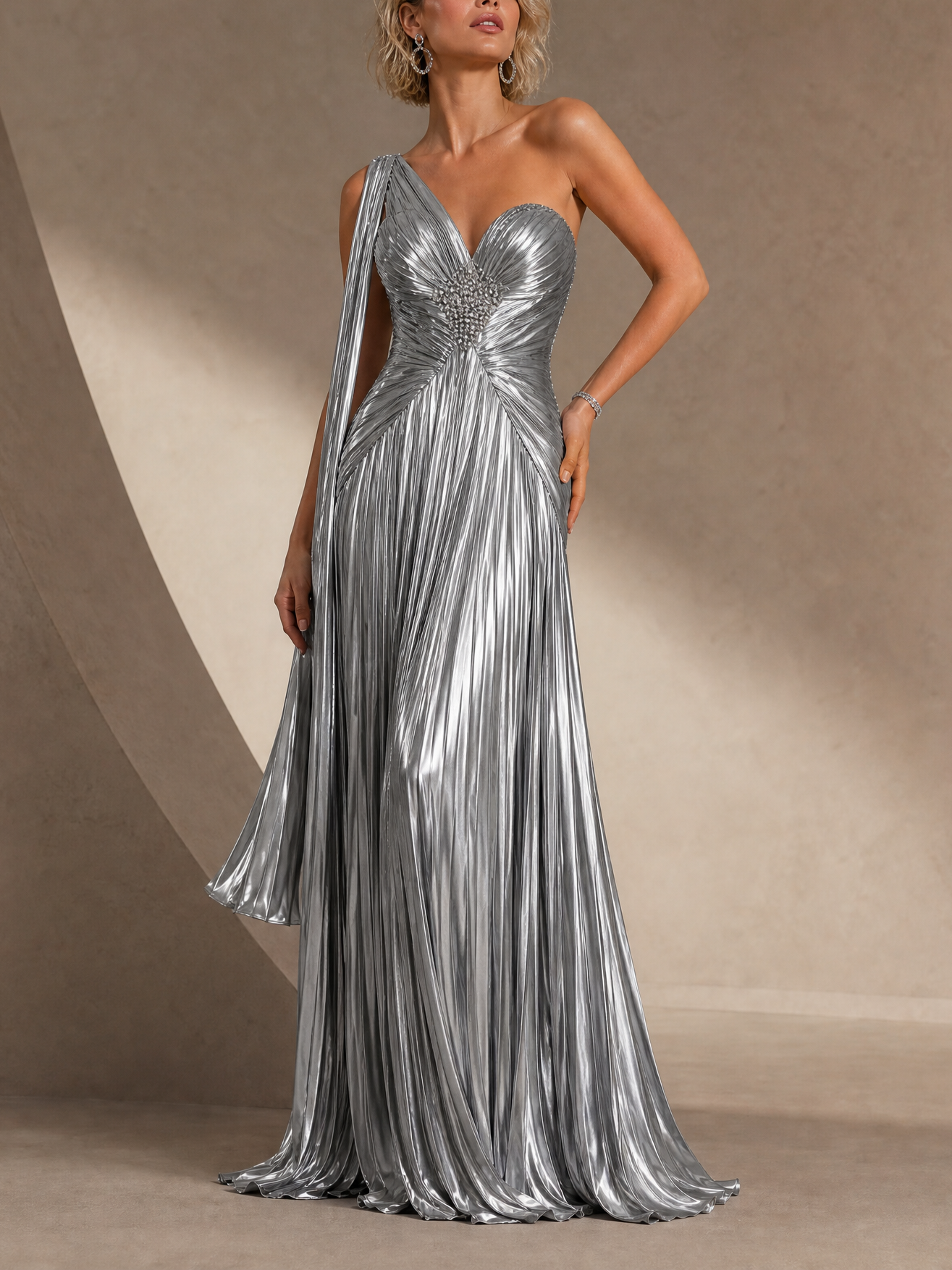 Silver Metallic Pleated One-Shoulder A-Line Gown with Draped Sash & Beaded Bust