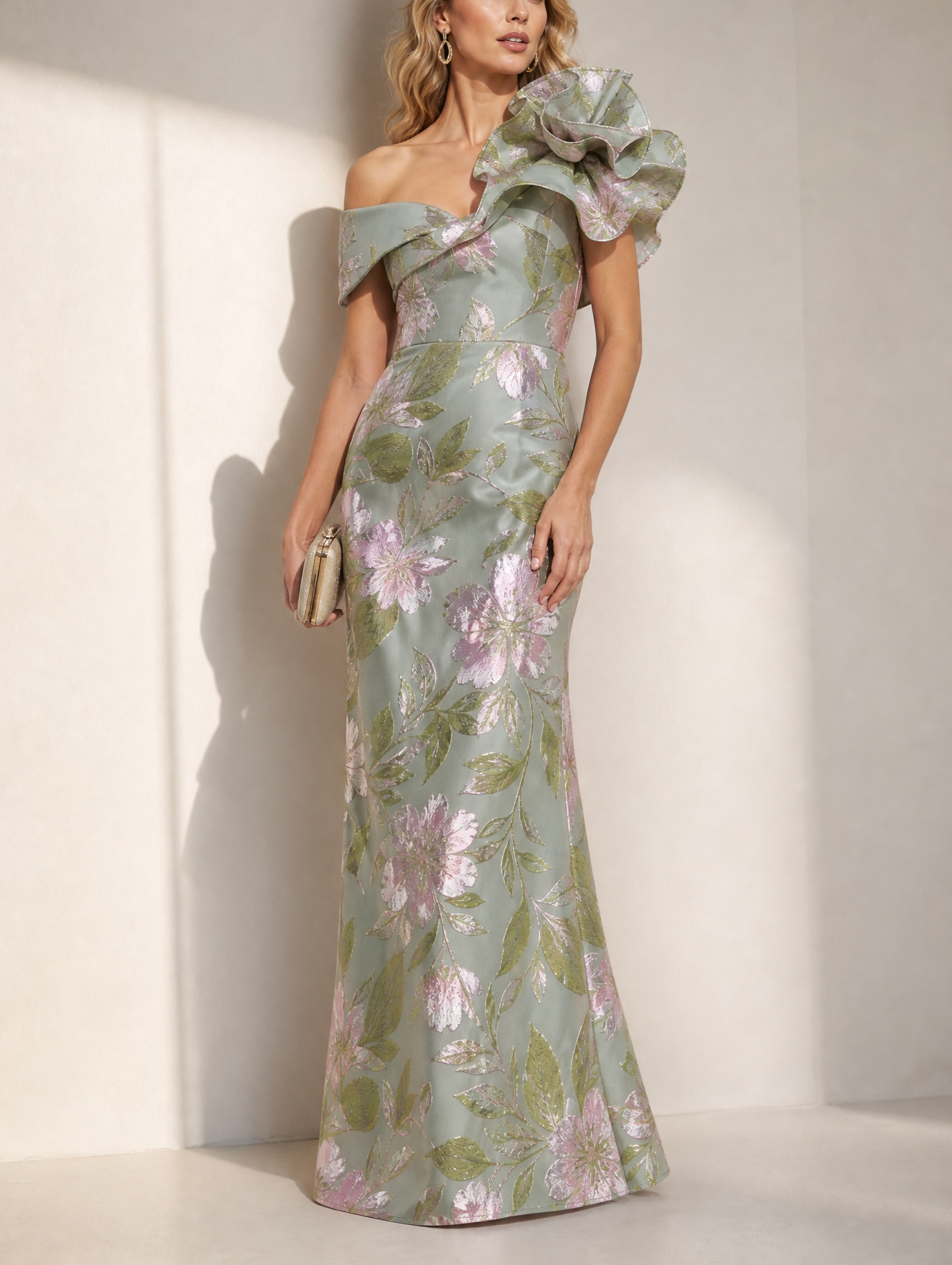 Sage Green Floral Jacquard Off-The-Shoulder Mermaid Gown