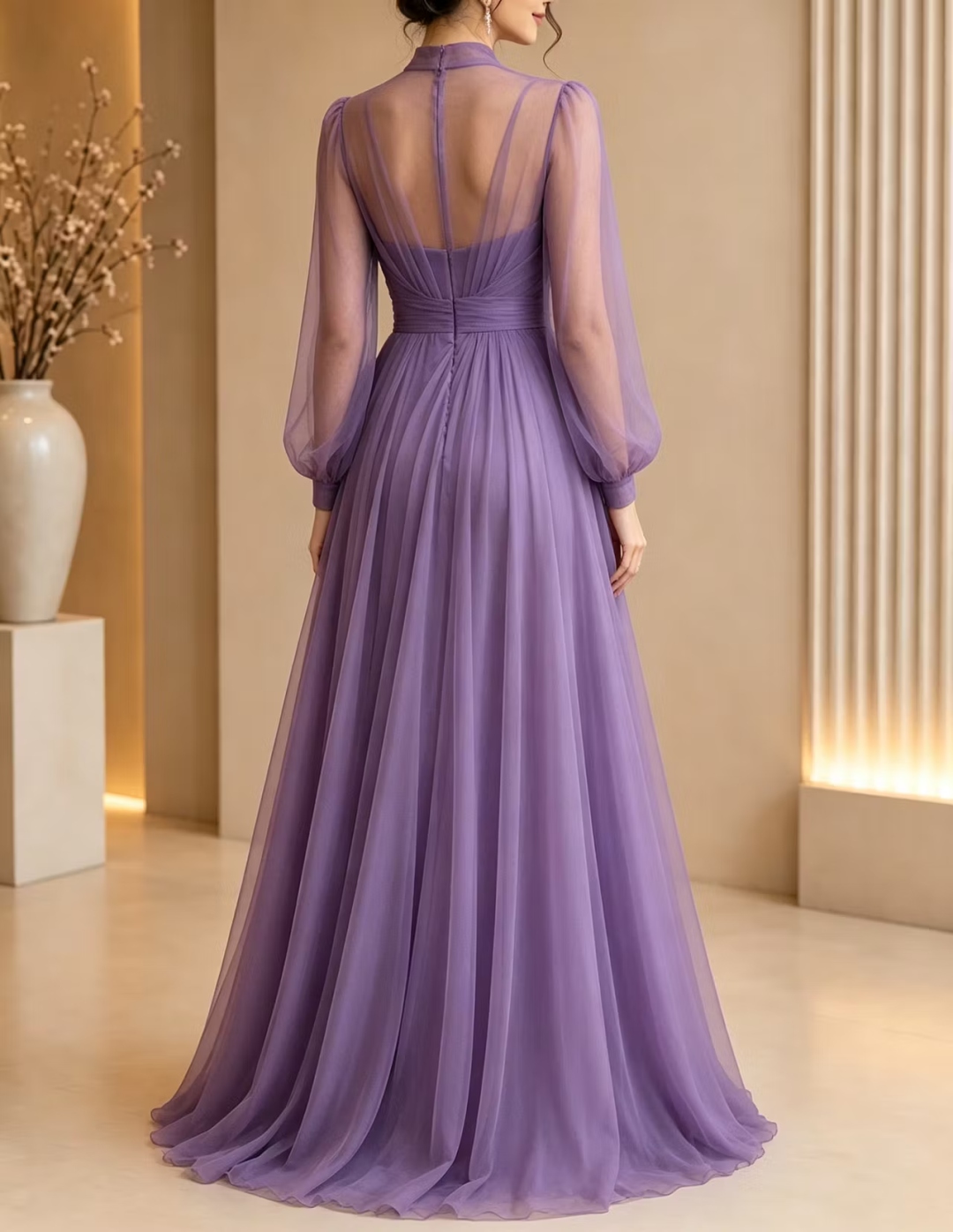 Purple Sheer High Neck Sheer Illusion Chiffon Maxi Dress