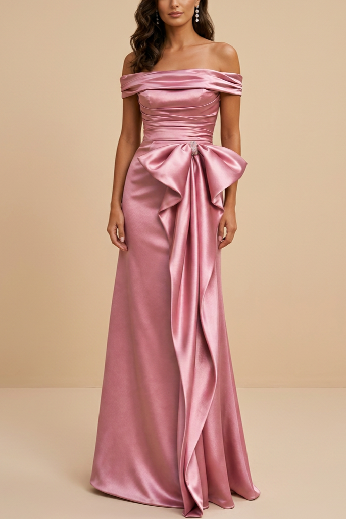 Dusty Rose Off-the-Shoulder Satin Gown with Bow Detail & Rhinestone Accent