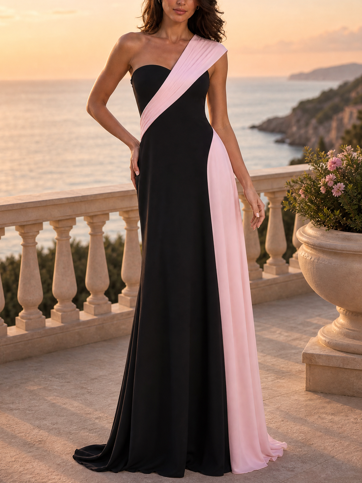Black Pink Colorblock Pleated One Shoulder Floor Gown