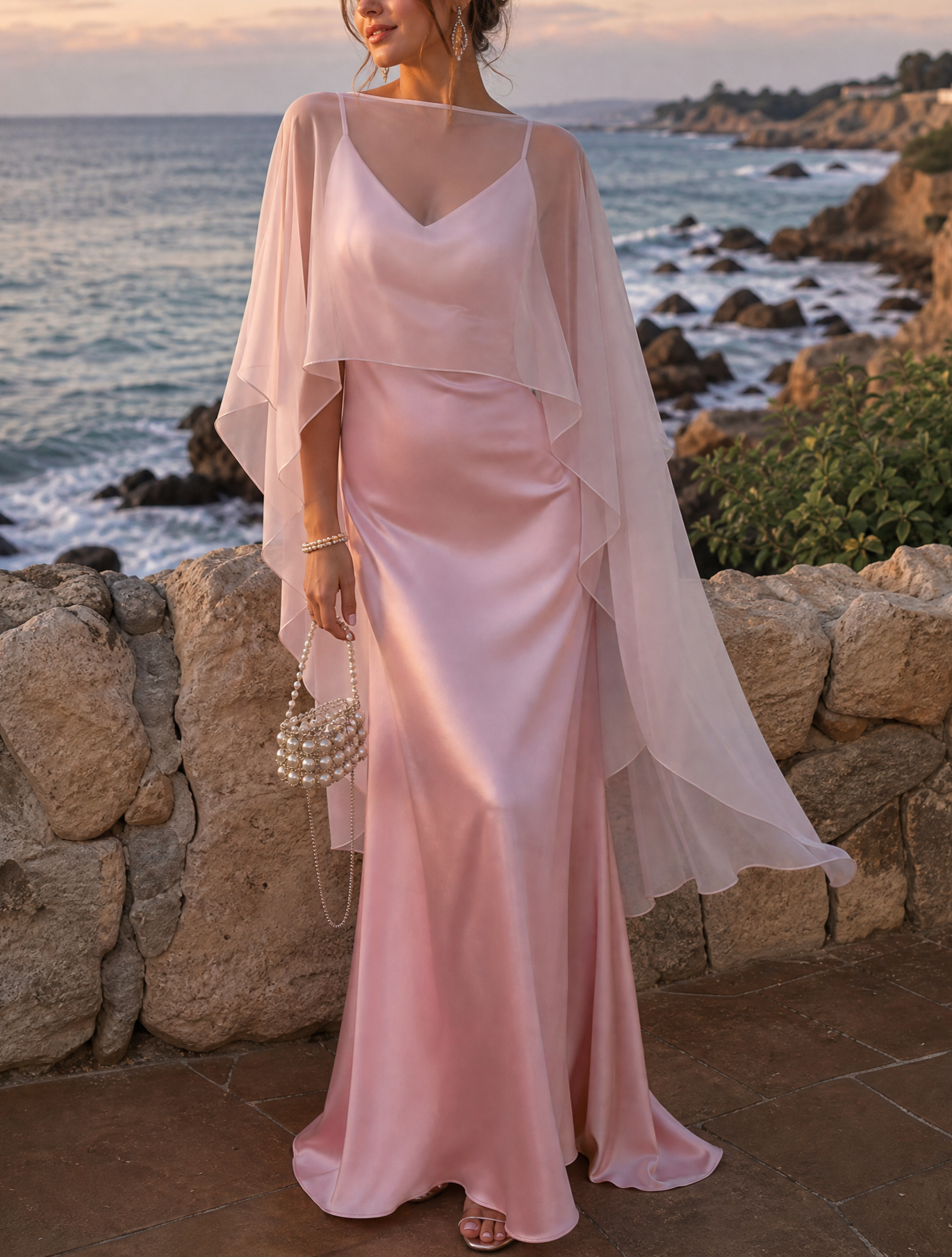 Pink Spaghetti Strap Sheer Cape Overlay Maxi Dress