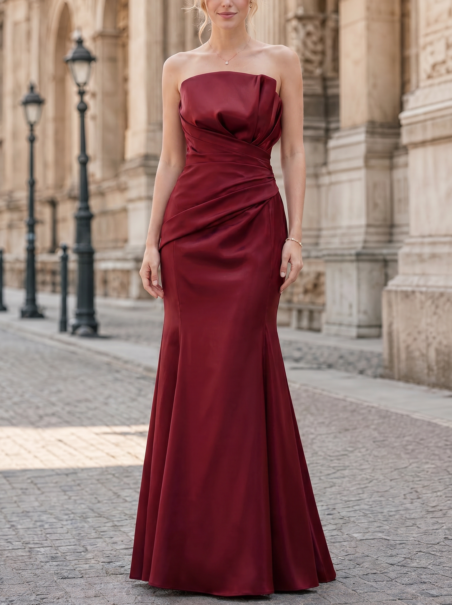 Burgundy Strapless Fold Ruched Mermaid Maxi Dress