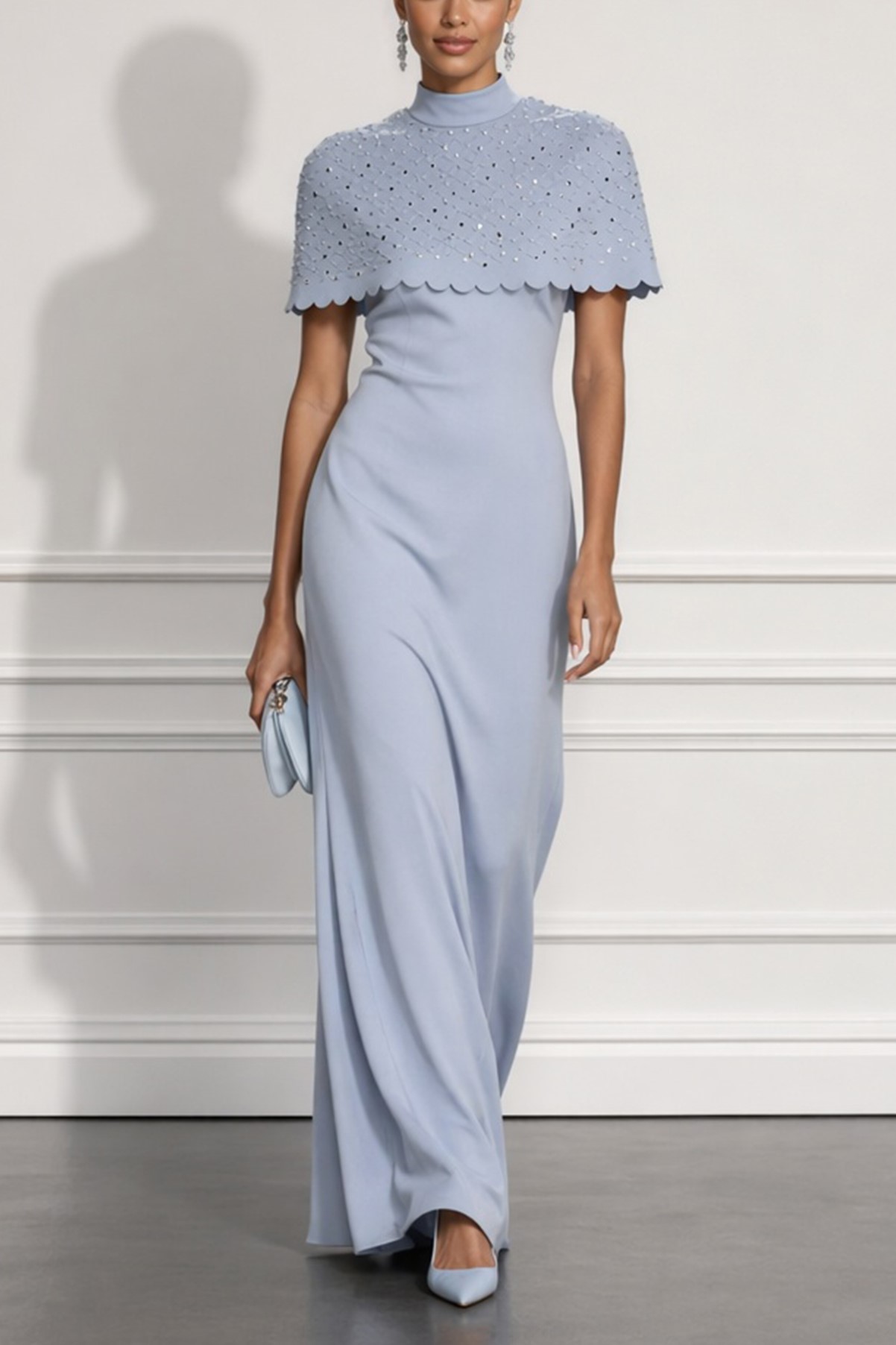 Light Blue High Neck Rhinestone Capelet Sheath Maxi Dress