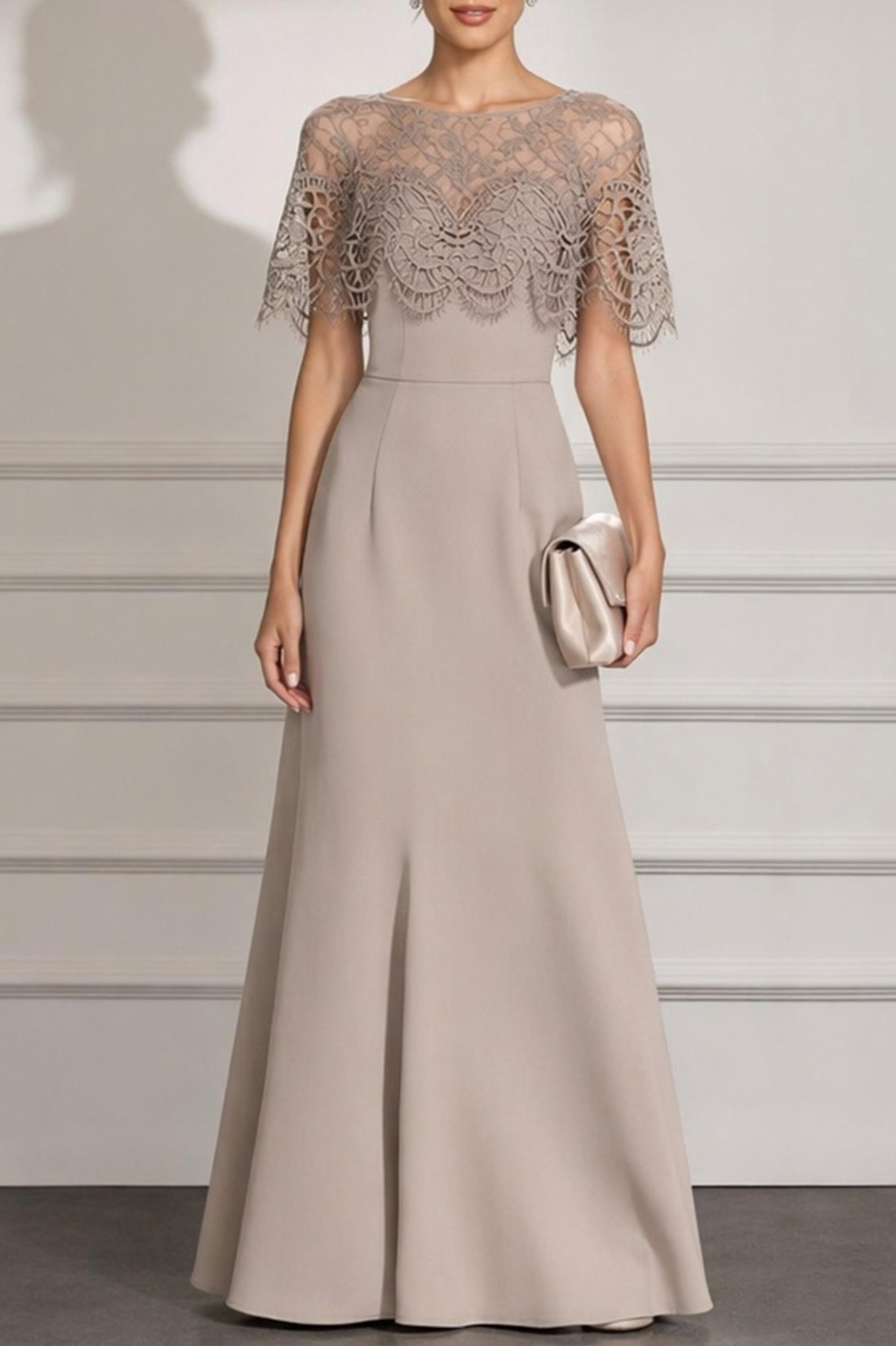 Taupe Lace Capelet Mermaid Maxi Dress