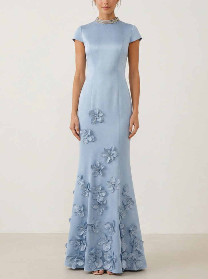 Dusty Blue Beaded Mock Neck Floral Appliqué Mermaid Maxi Dress