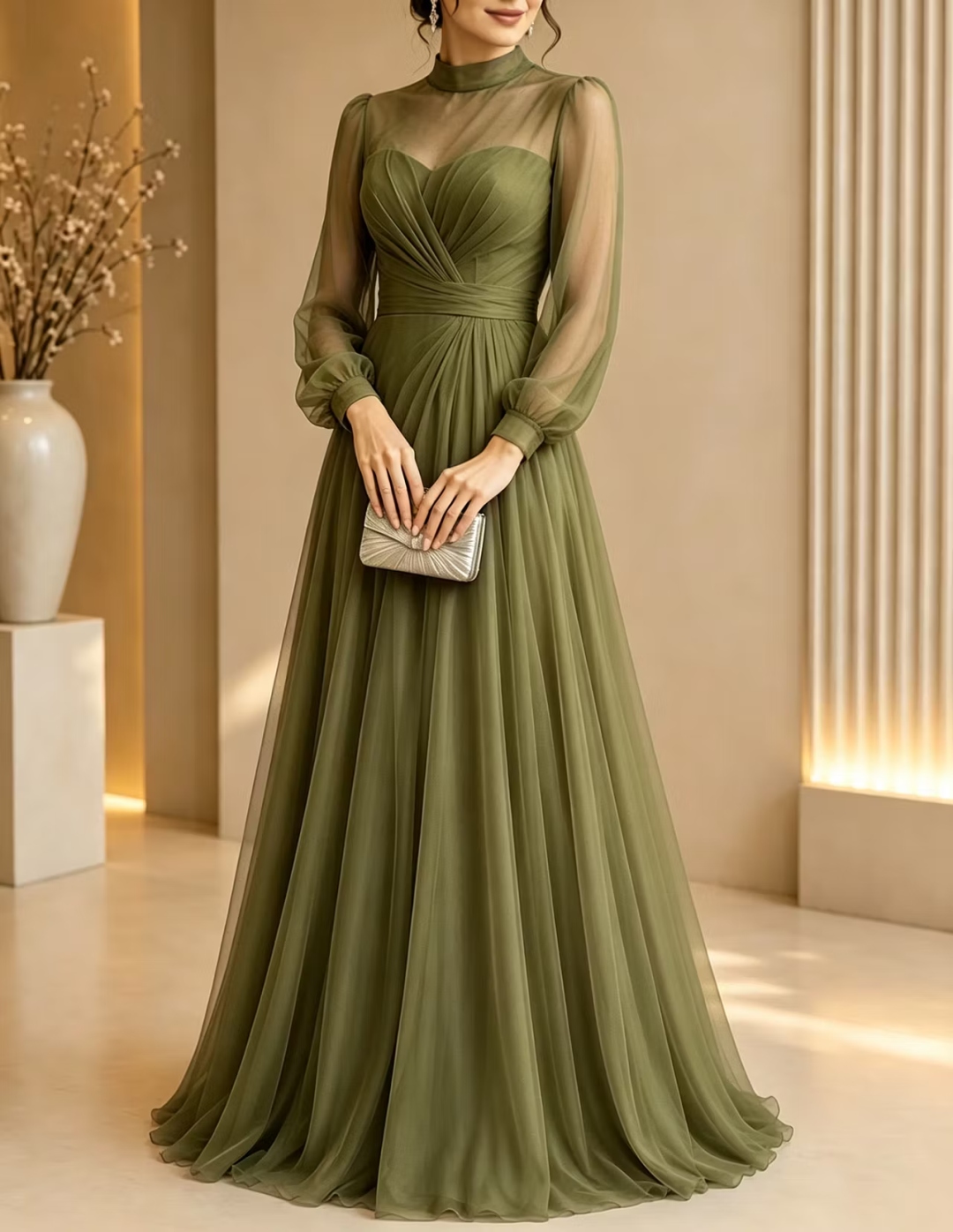 Purple Sheer High Neck Sheer Illusion Chiffon Maxi Dress