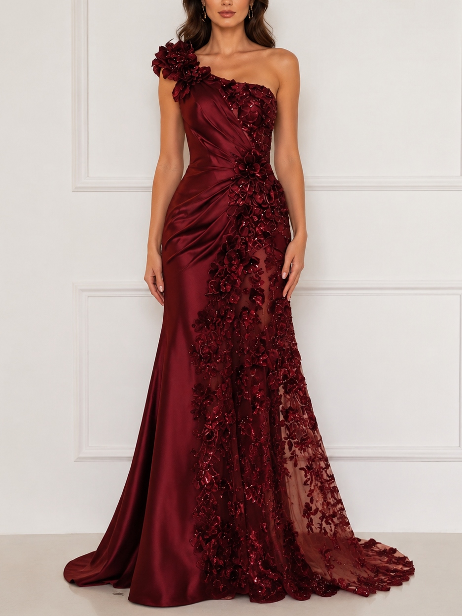 Burgundy Satin One Shoulder 3D Floral Applique Sheer Mermaid Train Evening Dress