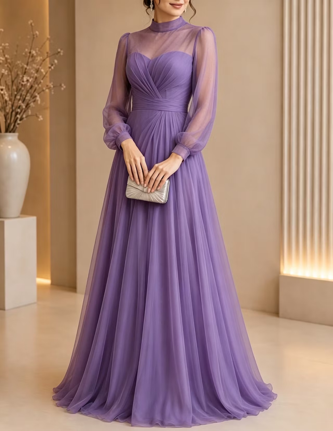 Purple Sheer High Neck Sheer Illusion Chiffon Maxi Dress
