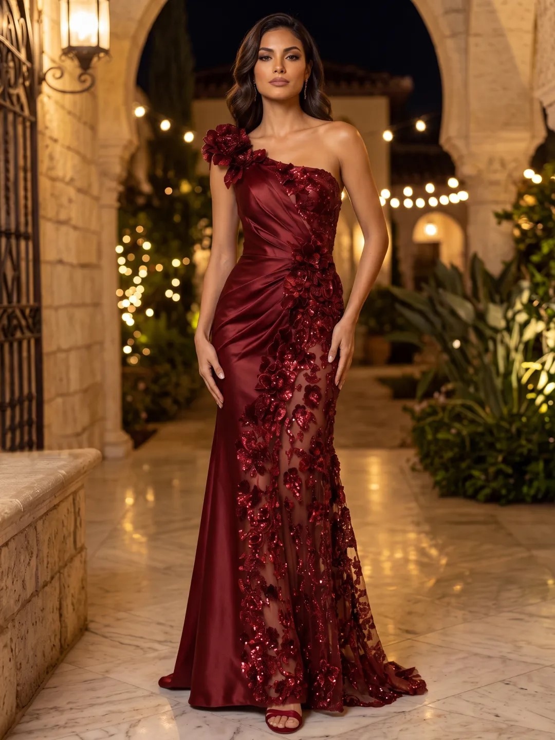 Burgundy Satin One Shoulder 3D Floral Applique Sheer Mermaid Train Evening Dress