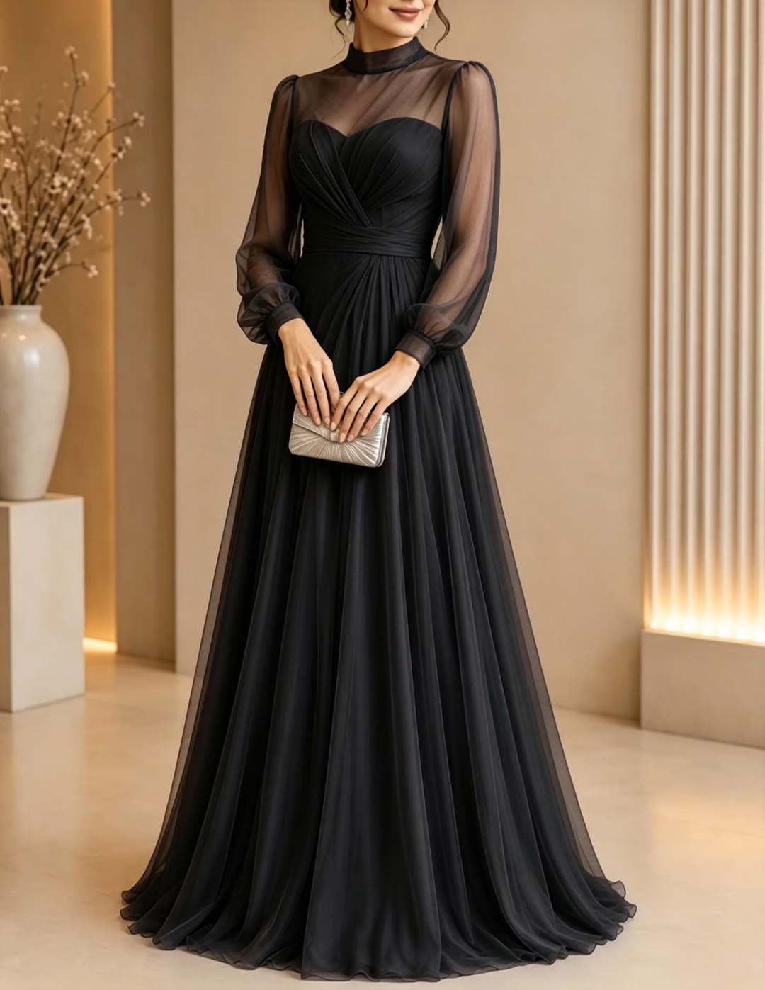 Purple Sheer High Neck Sheer Illusion Chiffon Maxi Dress
