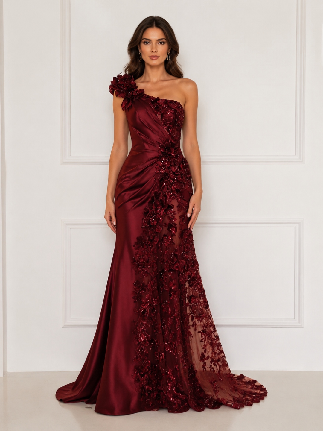 Burgundy Satin One Shoulder 3D Floral Applique Sheer Mermaid Train Evening Dress